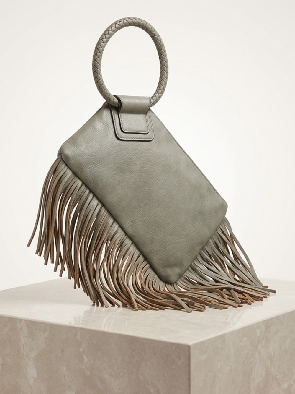 Olive Fringe Wristlet Clutch with Braided Ring